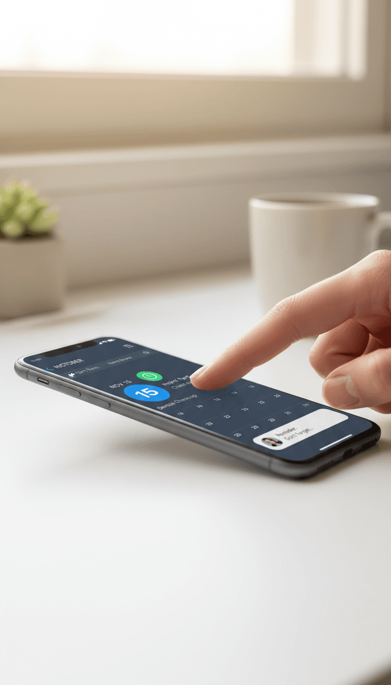 Finger swiping smartphone screen showing appointment scheduling calendar with automated reminders and messaging notifications