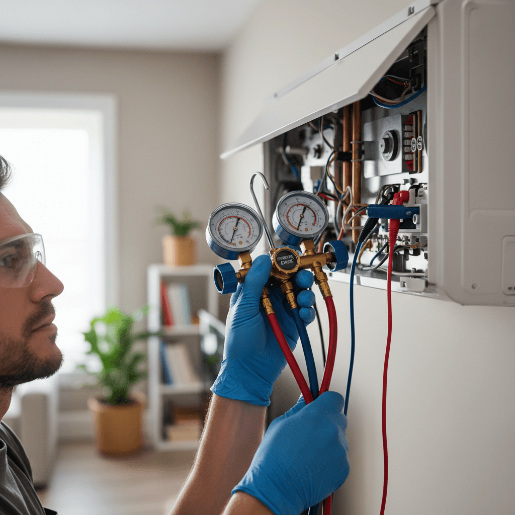 Technician in work gloves inspecting indoor AC unit with diagnostic tools, natural window light highlighting precision maintenance work