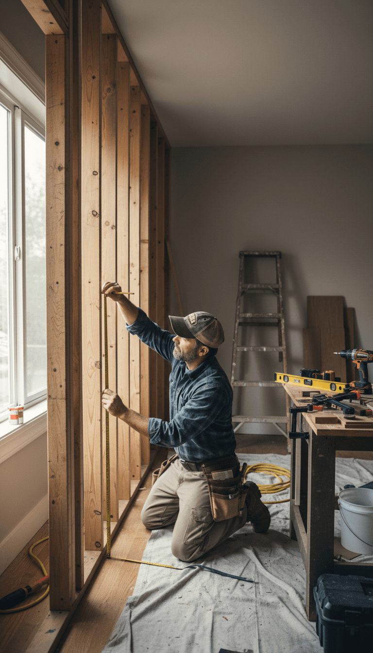 Carpenter measuring wall studs for custom shelving installation in residential bedroom renovation project