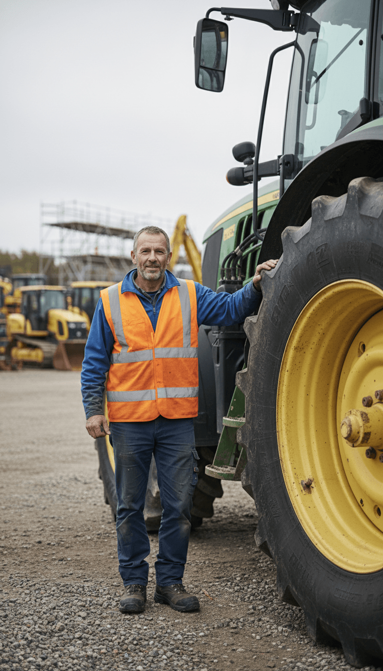 Experienced equipment operator in safety vest standing beside large rental tractor in equipment yard