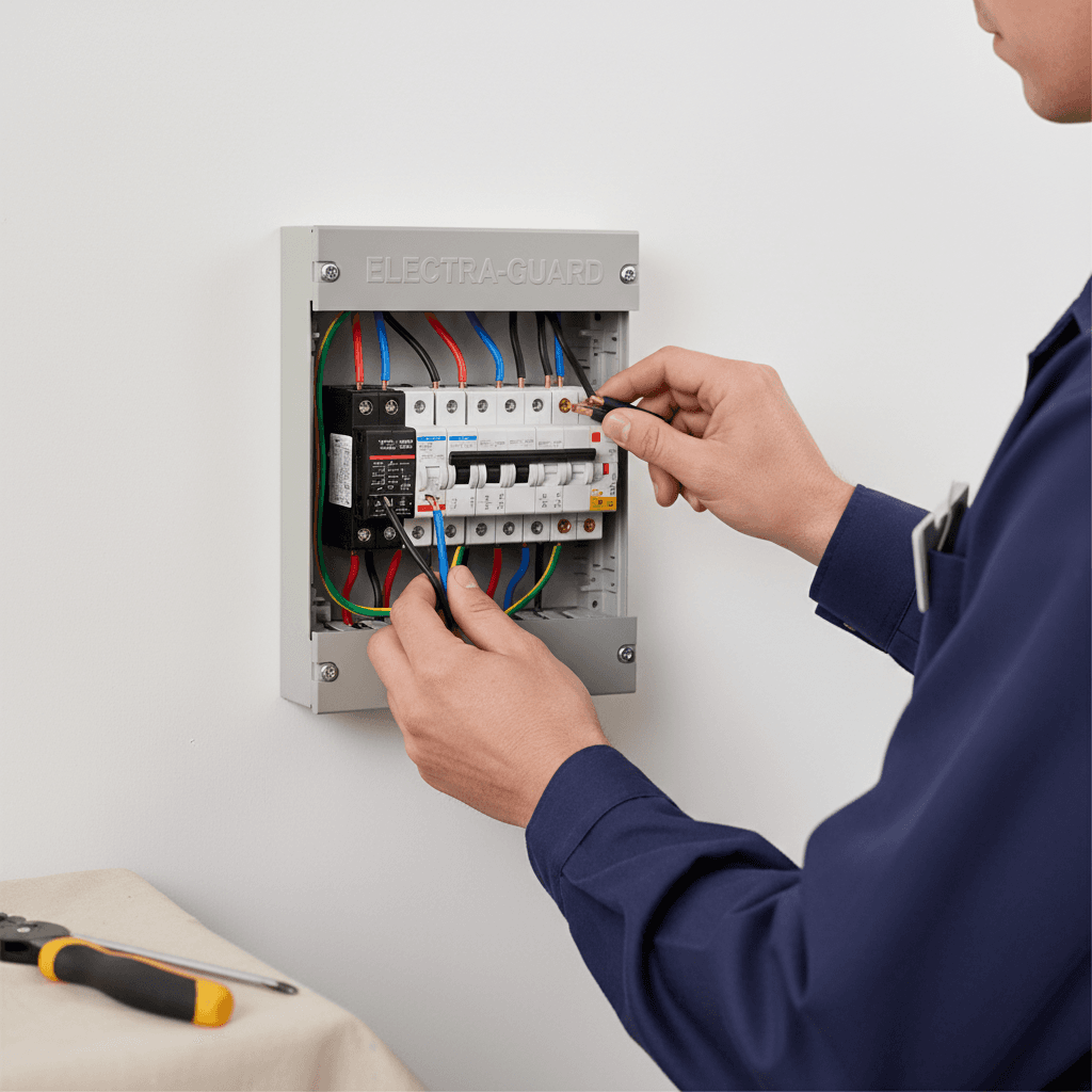 Electrician's hands installing circuit breaker wiring in residential electrical panel