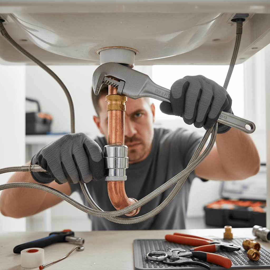 Skilled plumber's hands using wrench to tighten copper pipe connections under residential sink